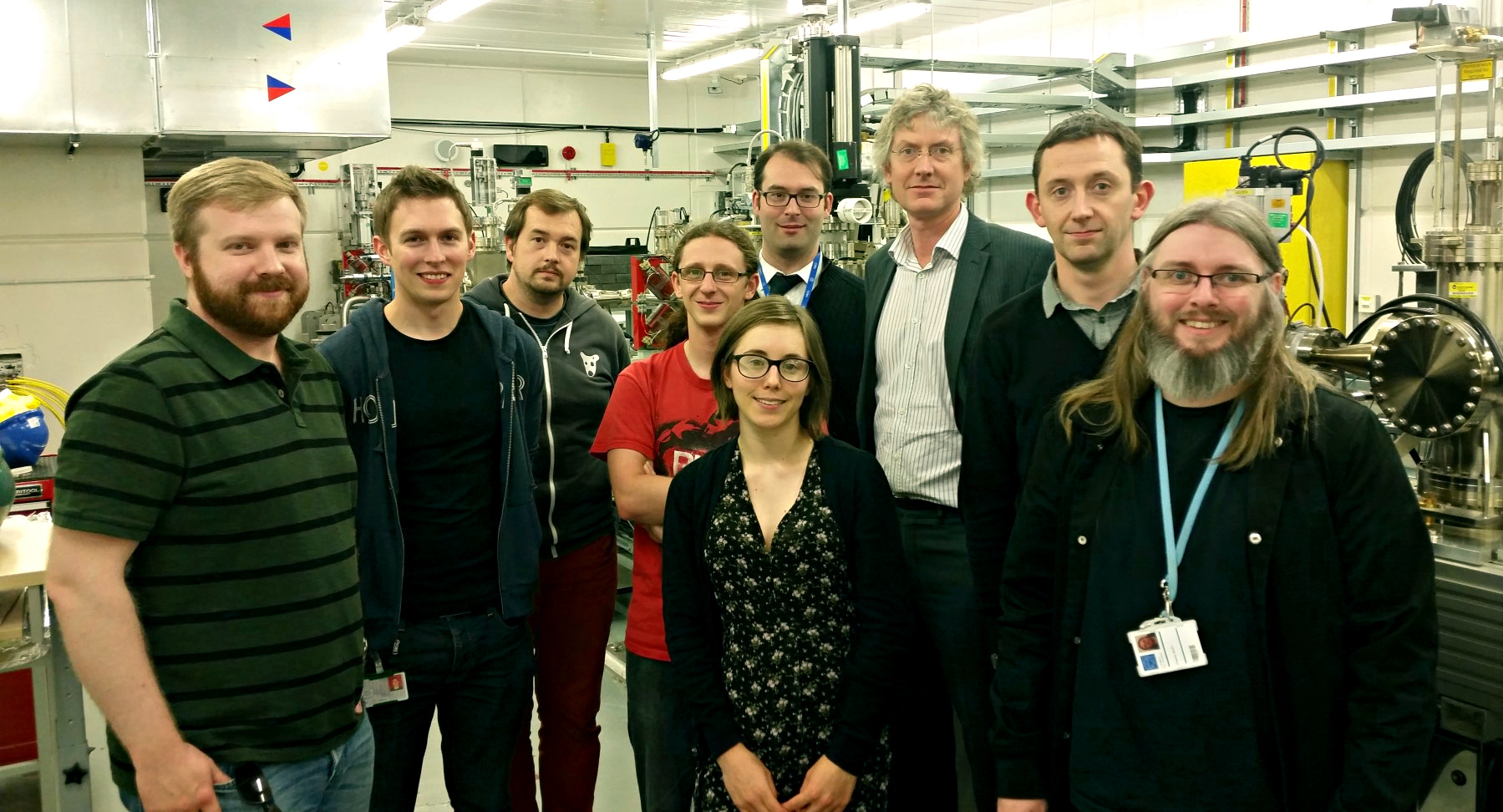 Members of the DATA programme in the CLARA electron beam hall; from left to right: David Walsh (ASTeC), Morgan Hibberd 