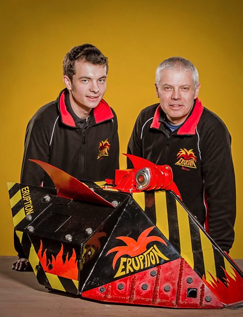 Adrian Oates (Right) of Daresbury Laboratory with son Michael and Eruption their Robot Wars Episode Winning Robot